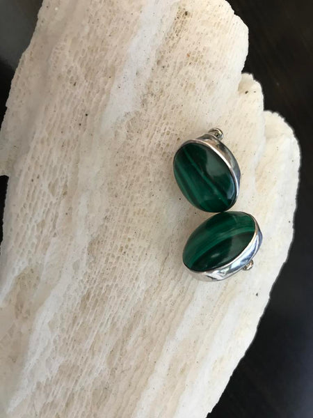 Native American Sterling Oval Cut Malachite Earrings