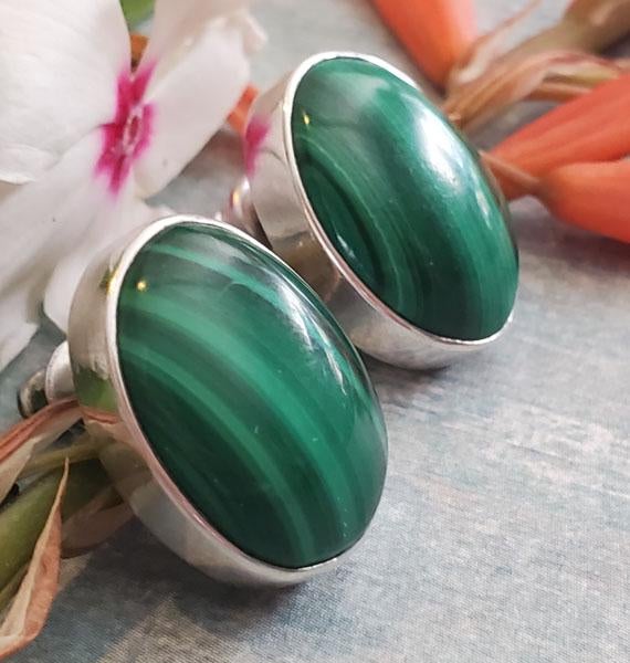 Native American Sterling Oval Cut Malachite Earrings