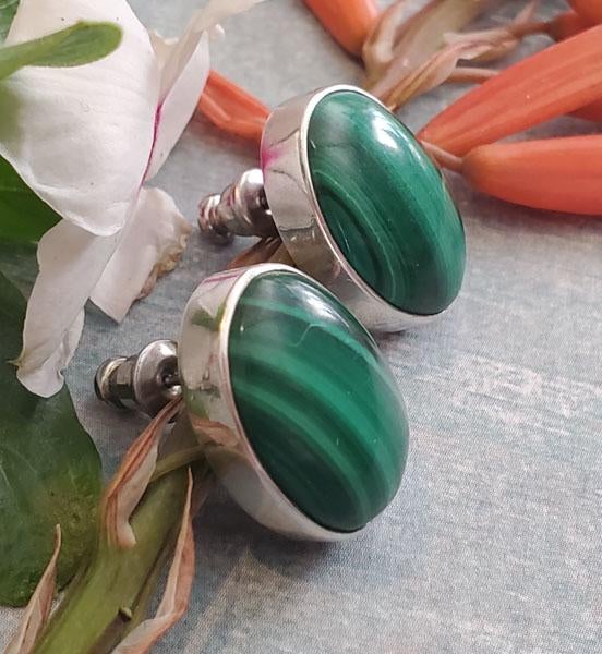 Native American Sterling Oval Cut Malachite Earrings