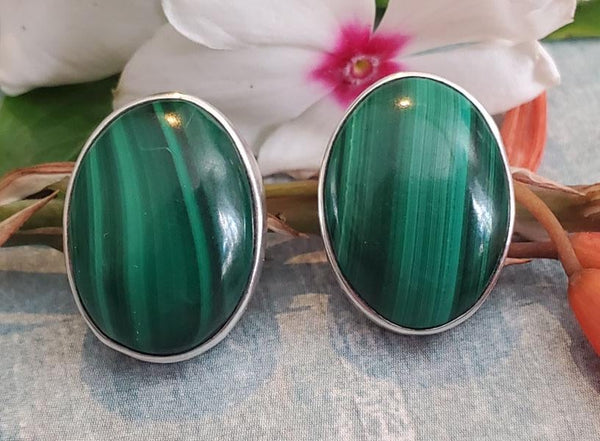 Native American Sterling Oval Cut Malachite Earrings