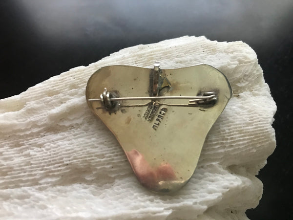 Native Alpaca Triangular Aztec Inlaid Turquoise Silver Pendant or Pin