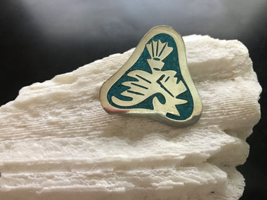 Native Alpaca Triangular Aztec Inlaid Turquoise Silver Pendant or Pin