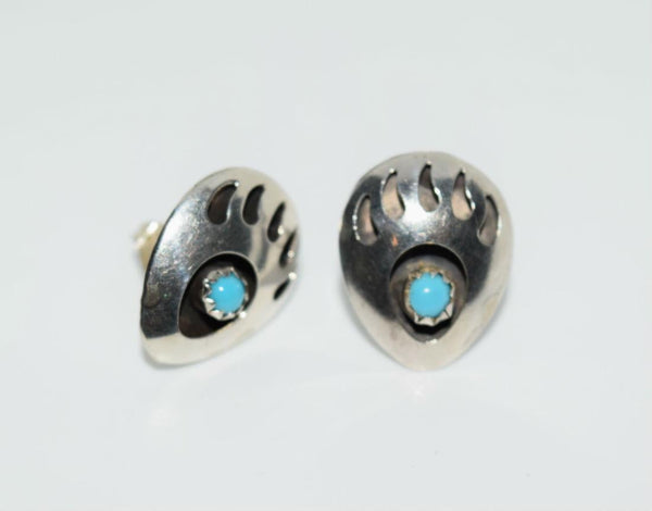 Native American Turquoise Sterling Bear Paw Earrings