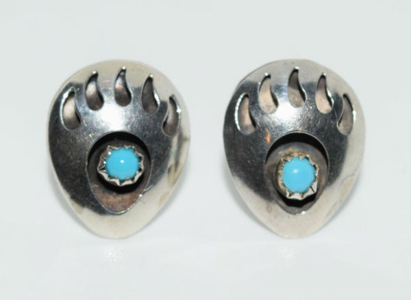 Native American Turquoise Sterling Bear Paw Earrings