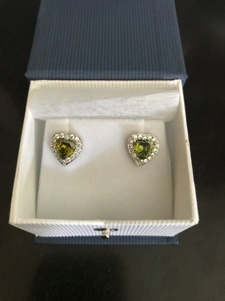 Sterling Silver Brilliant Peridot and White Topaz Heart Earrings