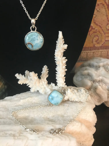 Larimar Fine Jewel Caribbean 925 Sterling Silver Set, 18" Necklace & Bracelet