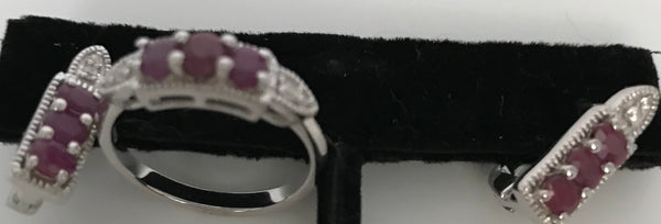 Ruby and Zircon Ring and Earrings Jewelry Set
