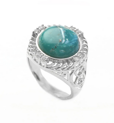 Turquoise & White Topaz Textured Sterling Silver Ring Size 10