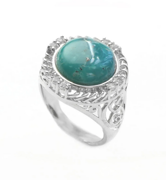 Turquoise & White Topaz Textured Sterling Silver Ring Size 10