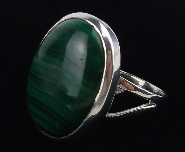 Sterling Silver Large Oval Malachite Ring Size 7.5