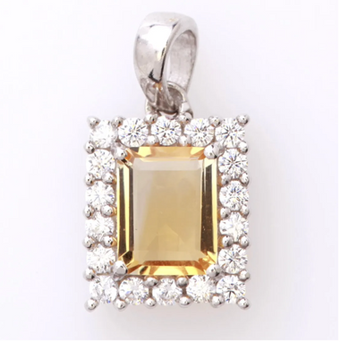 Emerald Cut Brilliant Citrine Halo Sterling Silver Pendant