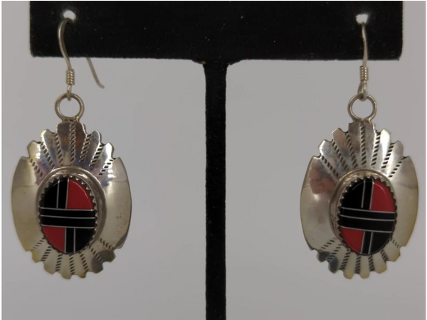 Vintage Sterling Silver Coral & Onyx Southwestern Dangle Earrings