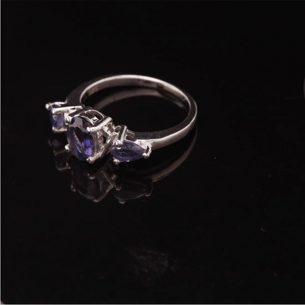 Violet Iolite Sterling Silver Size 7.75 3-Stone Cluster Ring