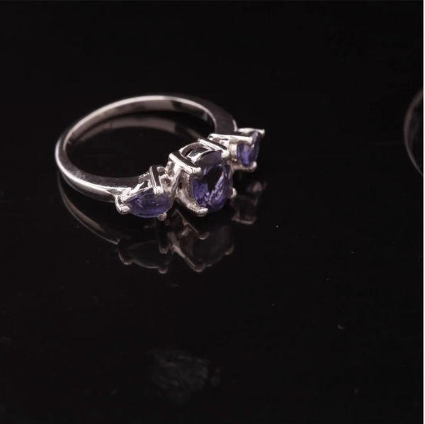 Violet Iolite Sterling Silver Size 7.75 3-Stone Cluster Ring
