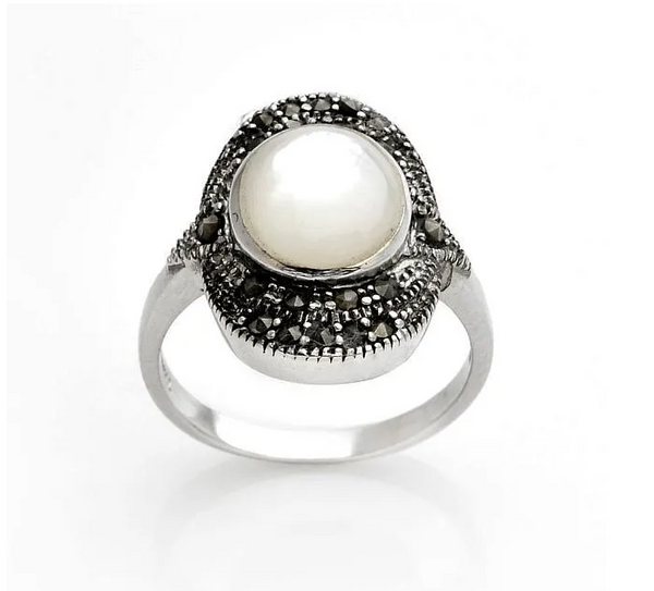 Sterling Silver Mother of Pearl & Marcasite Oval Ring-Size 8
