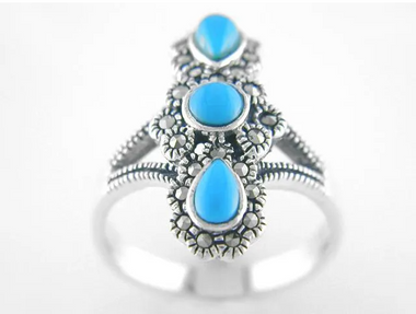 Sparkling Marcasite & Turquoise Split Shank Ring -Size 8
