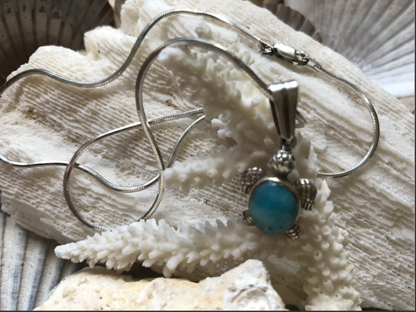 Vintage Turquoise Enameled Sterling Silver Sea Turtle Pendant Necklace