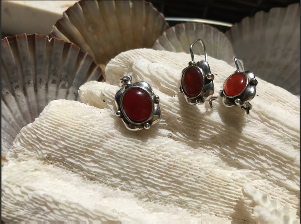Vintage Sterling Silver Carnelian Stone Earrings and Pendant Set