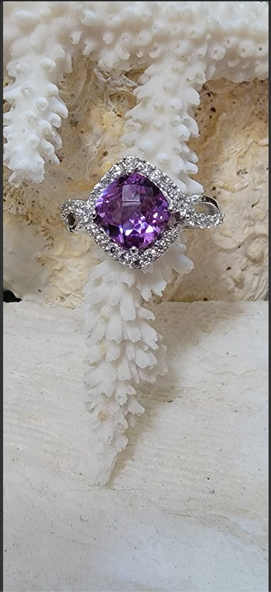 Violet Size 7.5 Sterling Syn Alexandrite & Zircon Ring
