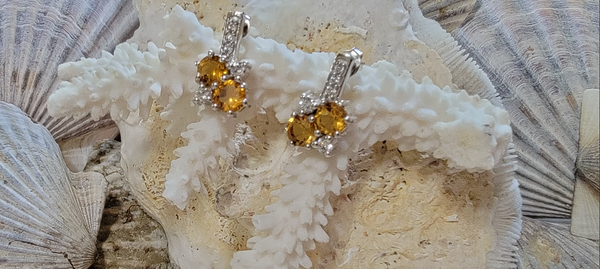 Designer 5MM Round Yellow 2.52ct Double Paired Citrine Sterling Silver Earrings