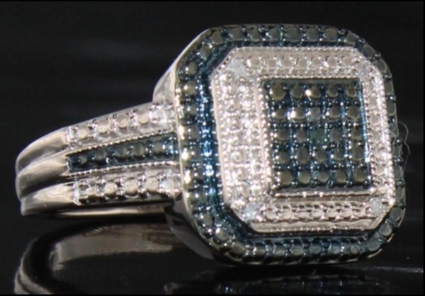 Genuine Blue and White Diamond Cluster Ring