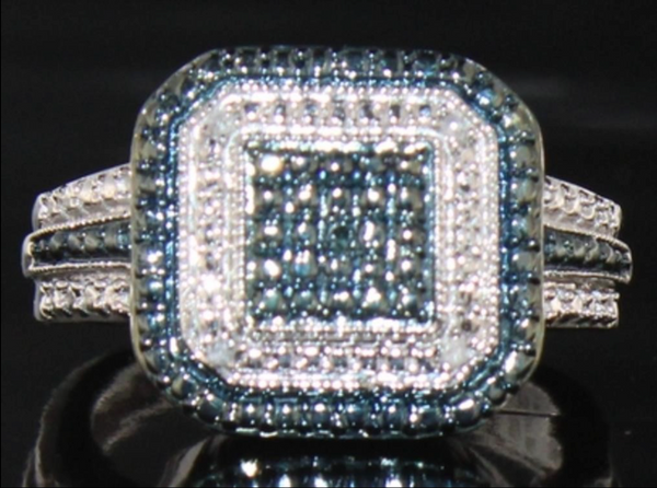 Genuine Blue and White Diamond Cluster Ring
