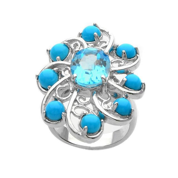 3.42ct Blue Topaz & Turquoise Sterling Silver Ring-Size 6