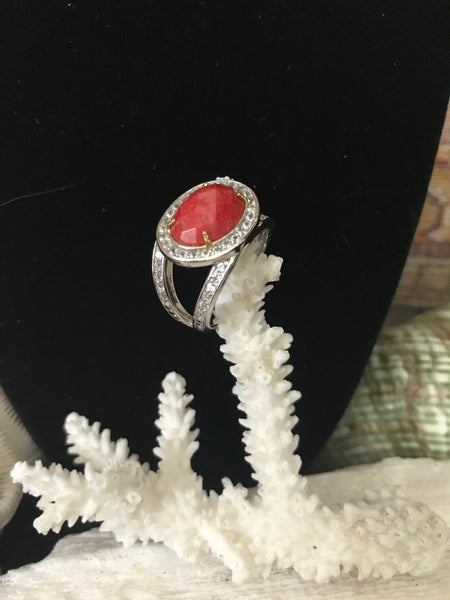 Sterling Silver Coral & White Topaz Halo Ring-Size 9