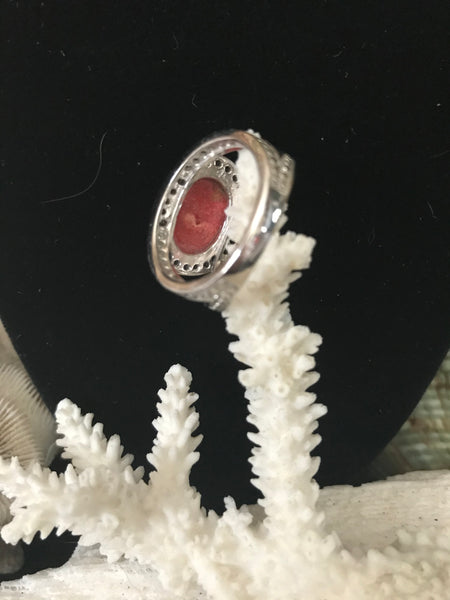 Sterling Silver Coral & White Topaz Halo Ring-Size 9