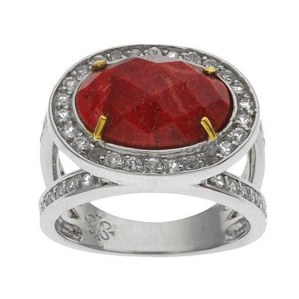 Sterling Silver Coral & White Topaz Halo Ring-Size 9