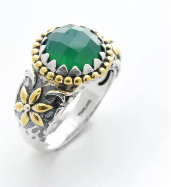 Silver Green Agate Hammered Flower Ring Size 10