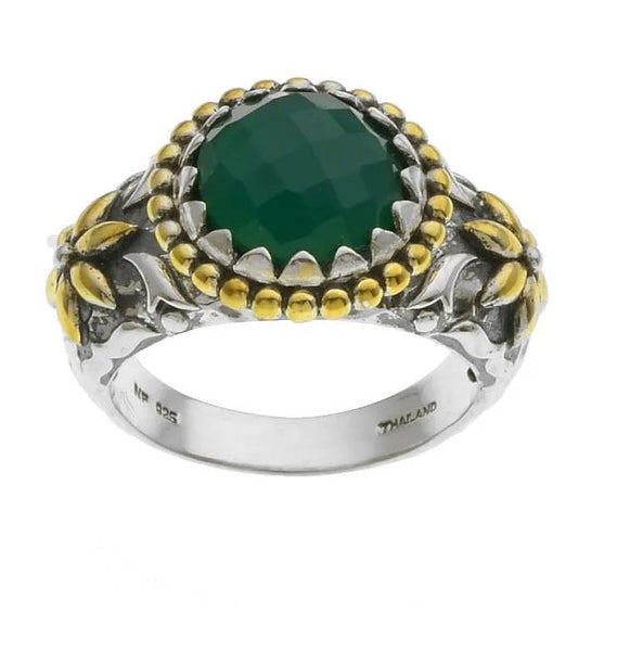 Silver Green Agate Hammered Flower Ring Size 10
