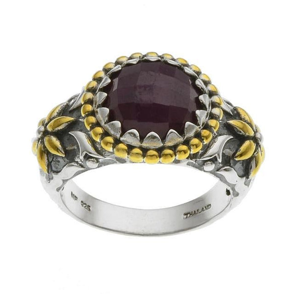 Silver & Gold Mudurai Ruby Hammered Designer Ring-Size 8