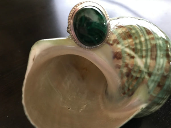 Sterling Silver Large Oval Malachite Rope Textured Ring Size 8