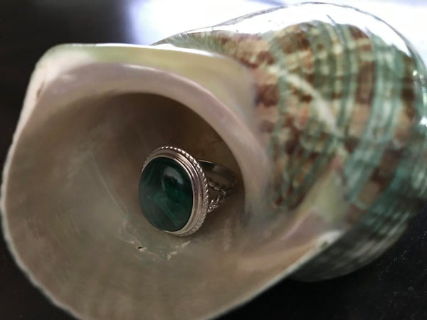 Sterling Silver Large Oval Malachite Rope Textured Ring Size 8