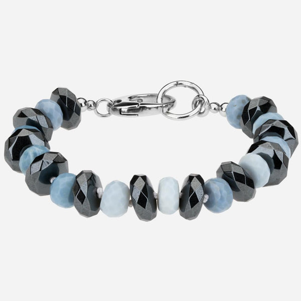 Silver Blue Opal and Hematite Bead Bracelet 7.5"