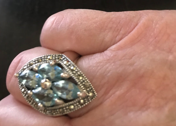 Silver Blue Topaz & Marcasite Shield Ring-Size 10