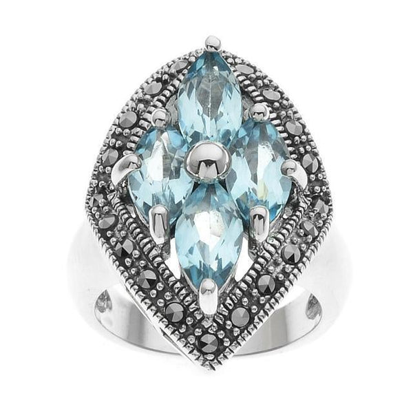 Silver Blue Topaz & Marcasite Shield Ring-Size 10