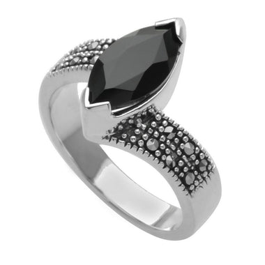 Silver Marcasite & Agate Marquise Ring-Size 7
