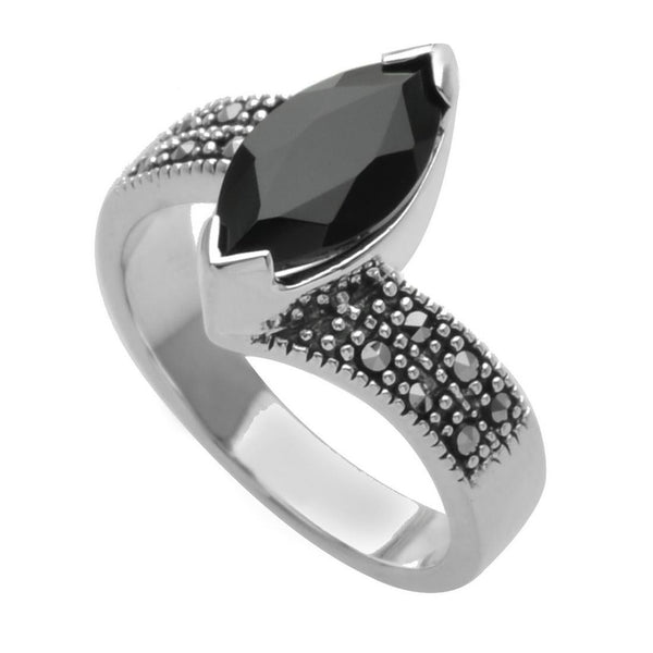 Silver Marcasite & Agate Marquise Ring-Size 7