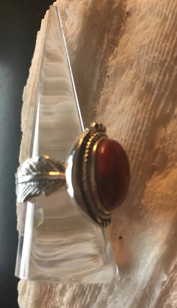 Sterling Silver Oval Red Coral Leaf Detailed Ring Size 8