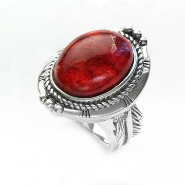 Sterling Silver Oval Red Coral Leaf Detailed Ring Size 8