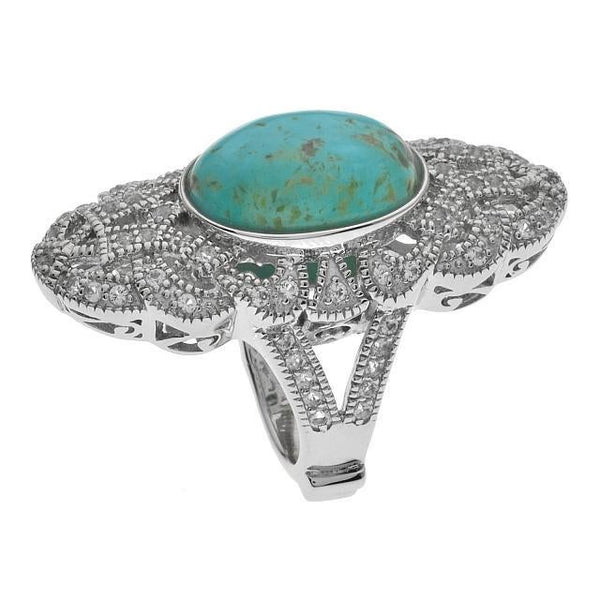 Silver Turquoise & White Topaz Filigree Shield Ring Size 6