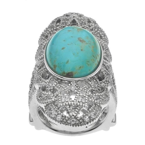 Silver Turquoise & White Topaz Filigree Shield Ring Size 6
