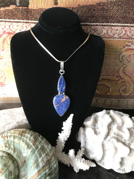 Royal Blue Sodalite Large Silver Pendant on Sterling Snake Chain
