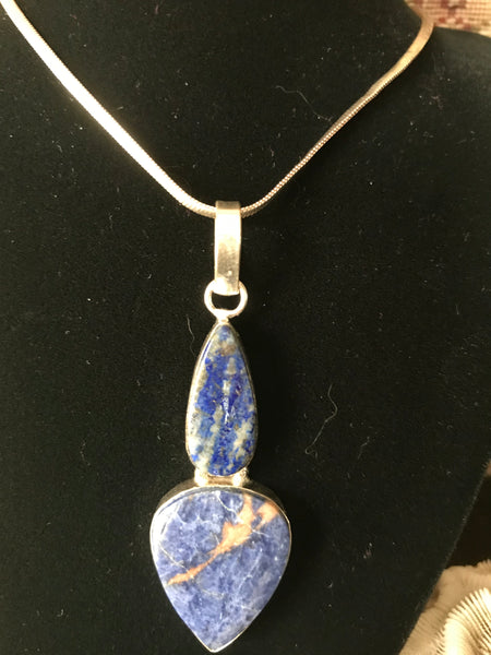 Royal Blue Sodalite Large Silver Pendant on Sterling Snake Chain