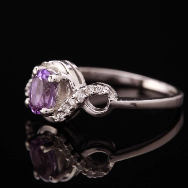 Sterling Silver African Oval Cut Amethyst &  White Zircon Ring Size 6