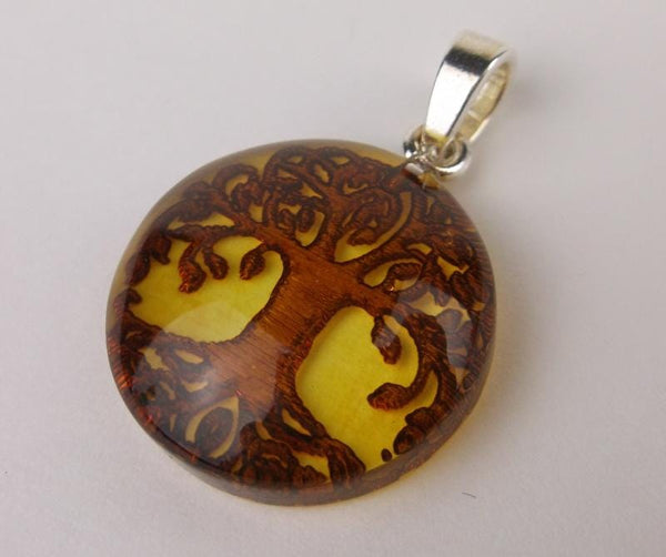 Sterling Genuine Amber Tree of Life Pendant and Matching Earrings