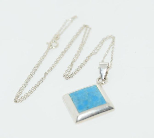 Vintage Sterling Silver Caribbean Blue Enamel Inlaid Square 18" Necklace