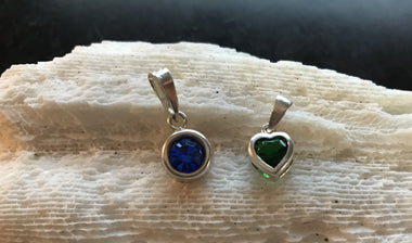 Mexico Sterling Silver Blue Rhinestone & Green Heart CZ Pendants